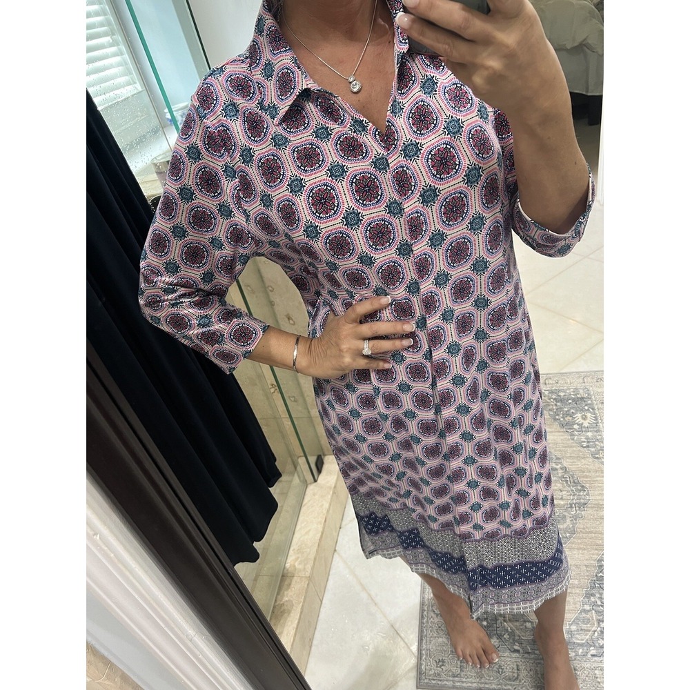 Chico's Women's Pink Blue Medallion Print Midi Shirt Dress Size 2P Jersey Knit
